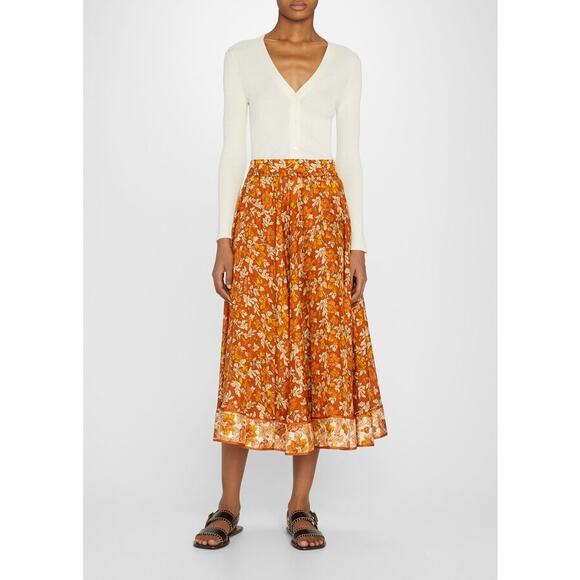 Zimmermann Andie Swing Gathered Floral Print Silk Midi Skirt Orange Beige Multi - Picture 13 of 14